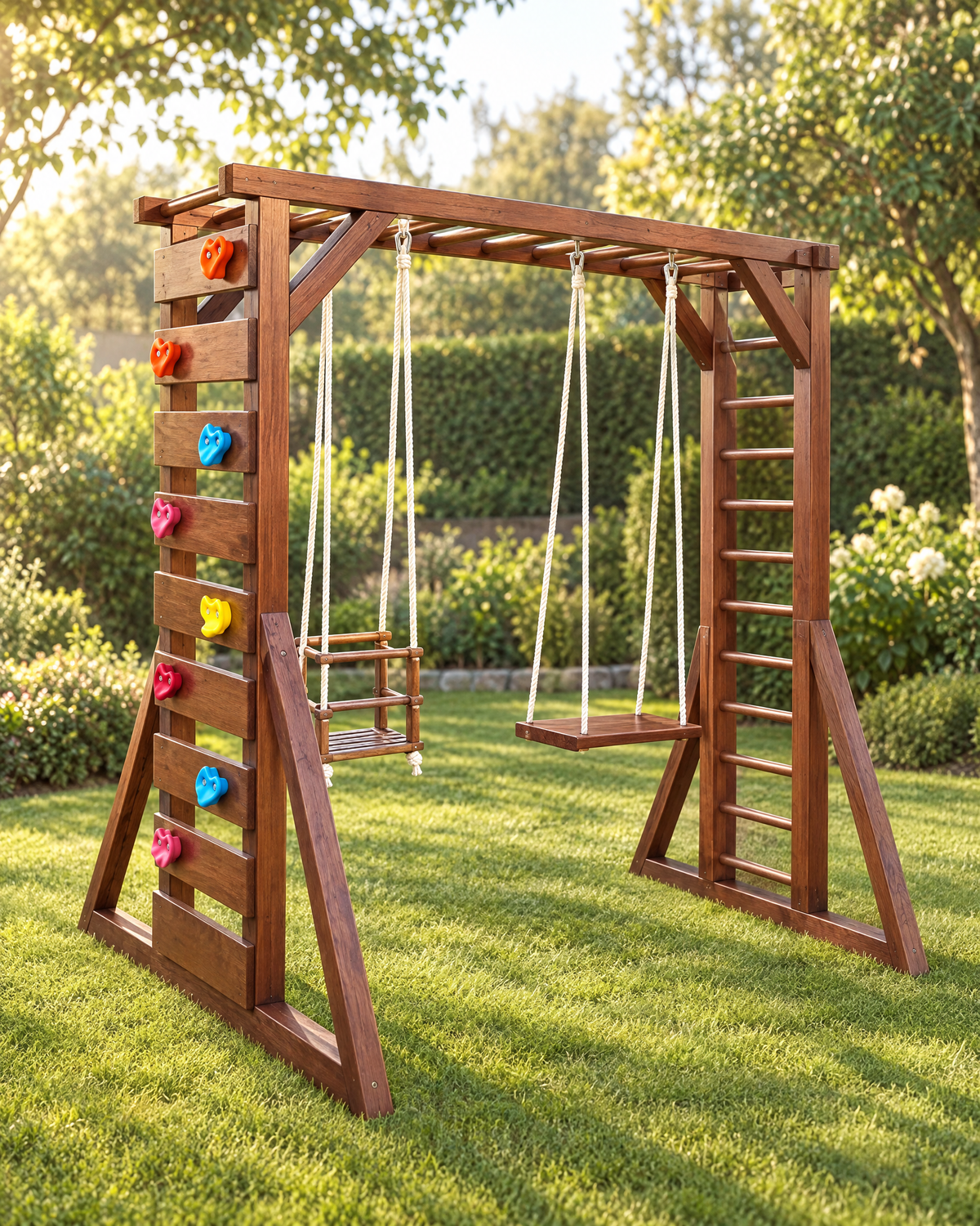 Twin Swing Play Frame in a garden