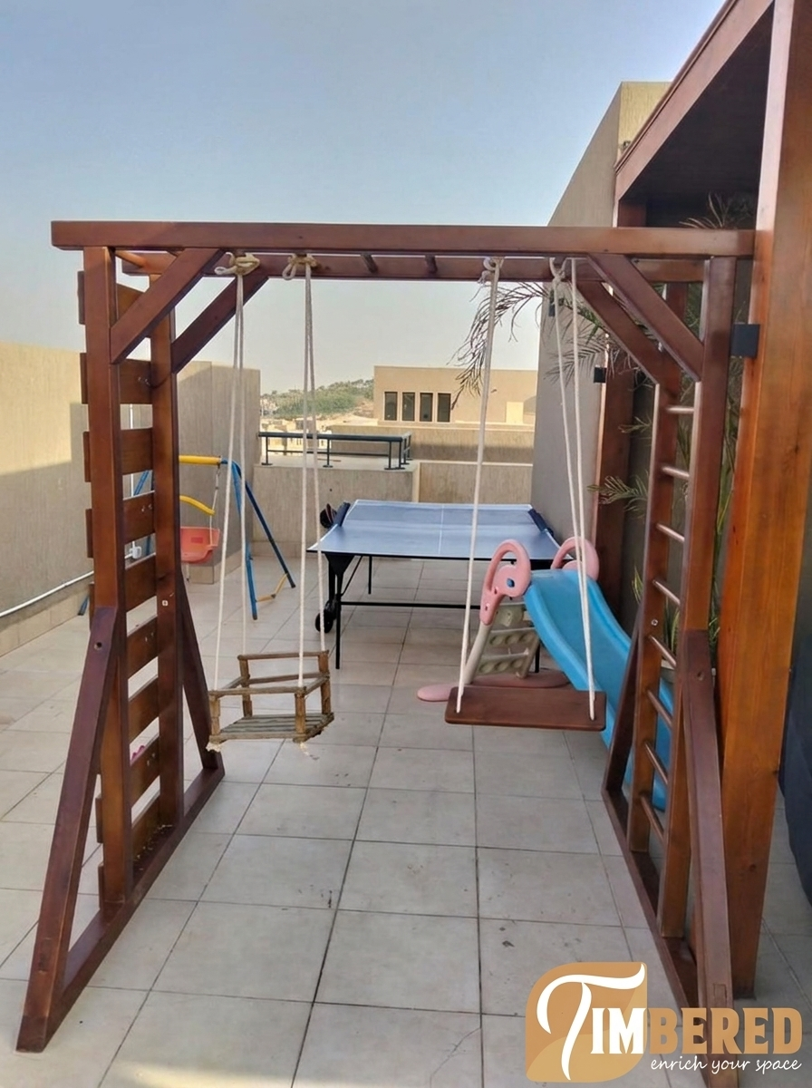 Twin Swing Play Frame installed on a customer rooftop - front view