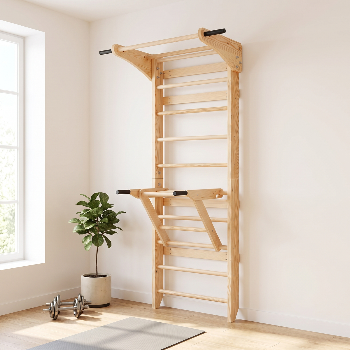 Pine Wall Bars with Pull-Up & Dip Station