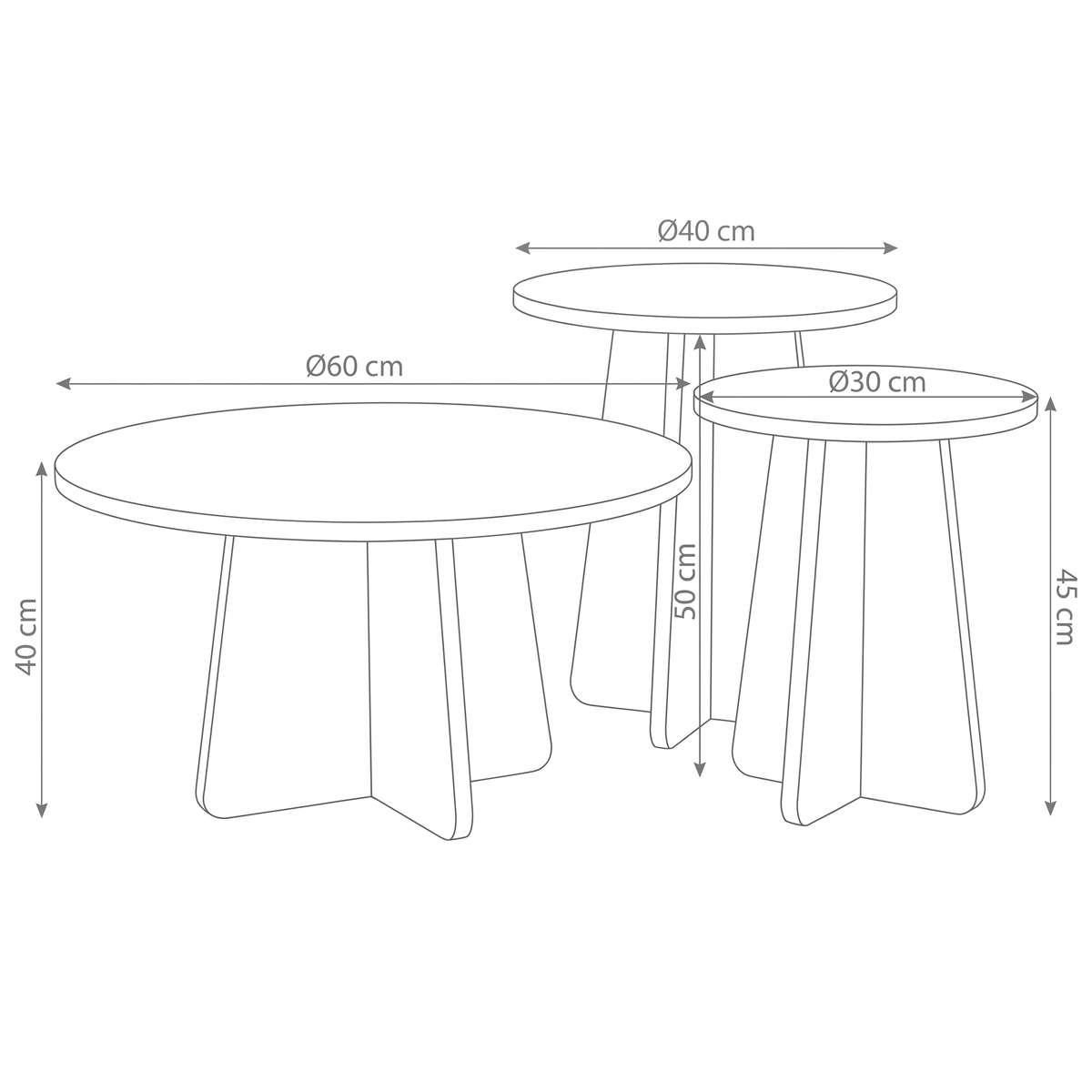 Cross Base Nesting Tables (Set of 3) - dimensions