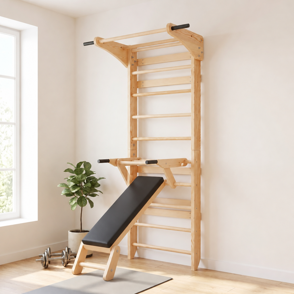 Pine Wall Bars with Pull-Up & Dip Station - with Incline Bench